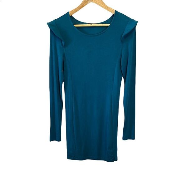 TALULA Teal Stretch Flutter Shoulder Long Sleeve Casual Crew Neck Dress M - Picture 1 of 8